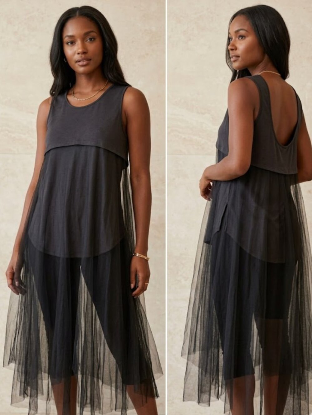 NEW FAVLUX Black Tulle Overlay Sleeveless Tank Top SZ S
